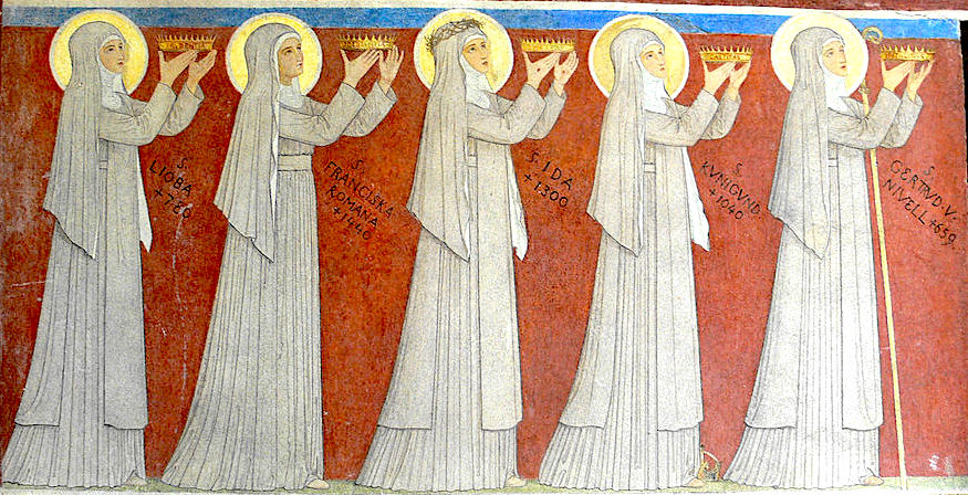 Beuron_Mauruskapelle_Fassadengemälde_Ordensheilige_links